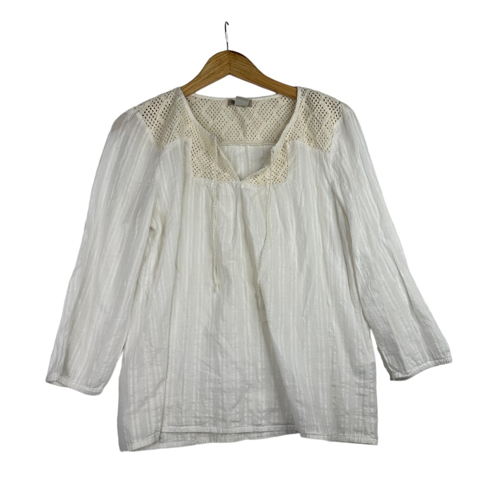 Lucky Brand women's 3/4 sleeve crochet top tie neck eyelet peasant boho blouse M